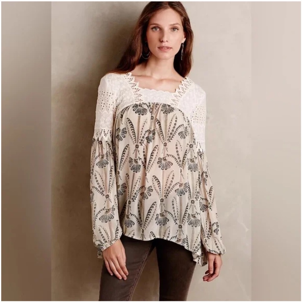 Anthropologie Floreat Cantata Peasant Top Neutral Motif Lace Flowy Boho Cottage